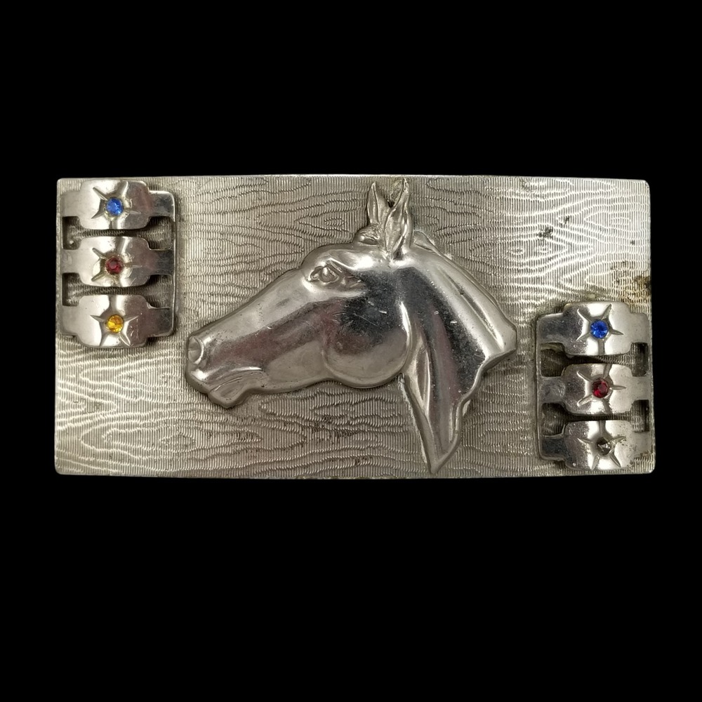 Vintage Silver Tone Horse Head‎ Belt Buckle Western Cowboy Rhinestone Accents
